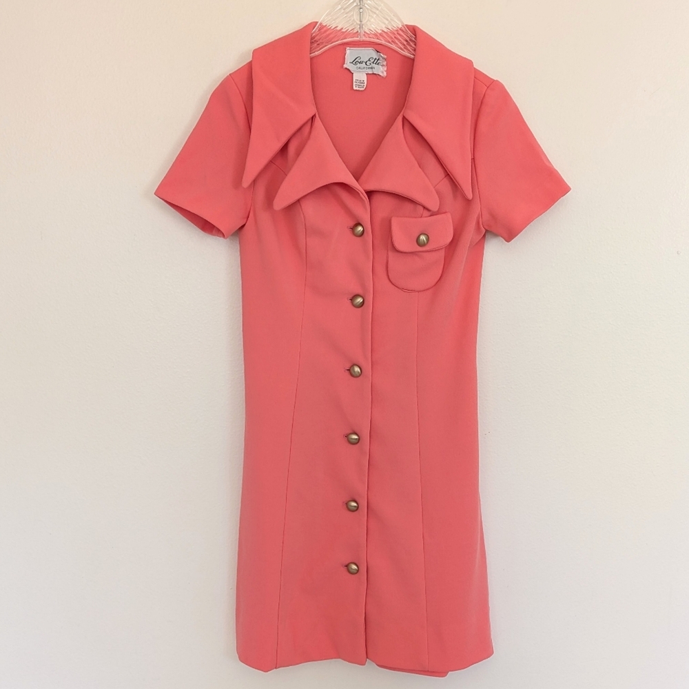 60s Vintage Double Dagger Collar Dress Lou-Ette Coral Above Knee Gogo Mod Twiggy - Picture 4 of 17